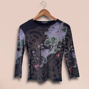 Vintage 90s ‘BOHO CHIC’ Rhinestone Long Sleeve Grunge Top in Black sz Medium